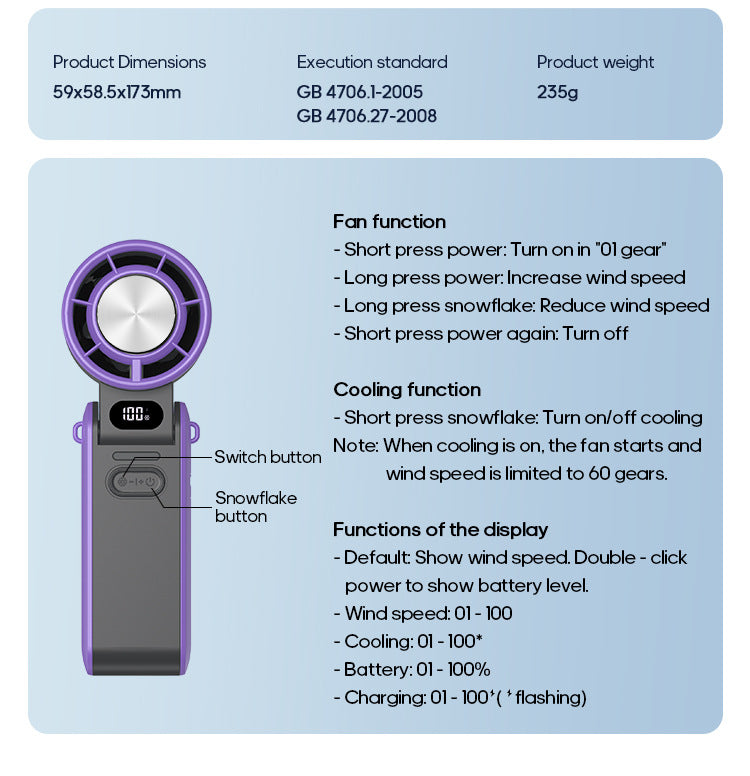 Portable High Speed Cooling Handheld Fan 3600mAh Rechargeable 100 Wind Speeds Adjustable Mini Foldable Air Cooling Turbo Fan NEXVIA