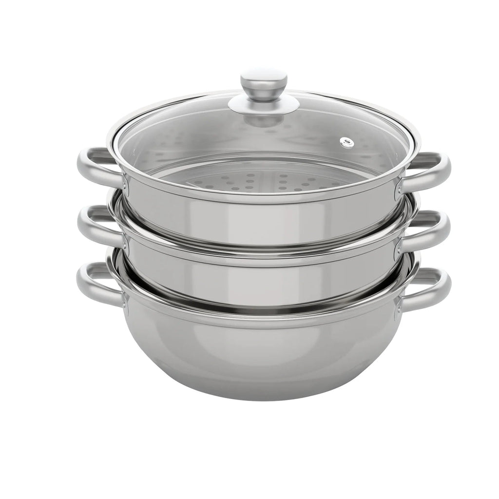 Nexvia | 3-Tier Stainless Steel Steamer Pot with Glass Lid, Induction/Gas Stove Compatible, 28cm Multi-Layer Cookware NEXVIA