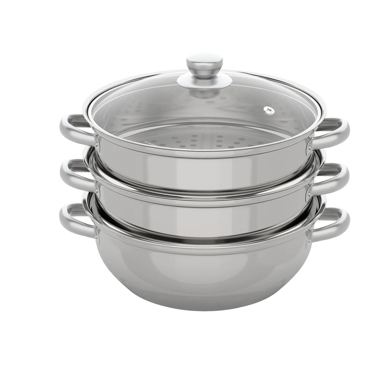 Nexvia | 3-Tier Stainless Steel Steamer Pot with Glass Lid, Induction/Gas Stove Compatible, 28cm Multi-Layer Cookware NEXVIA