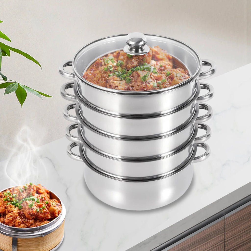 Nexvia |5 Layers 30cm Large Home With Handles Kitchen Insulated Visual Cover Stainless Steel 5 Tier Steamer Pot Food Maker Cookware NEXVIA