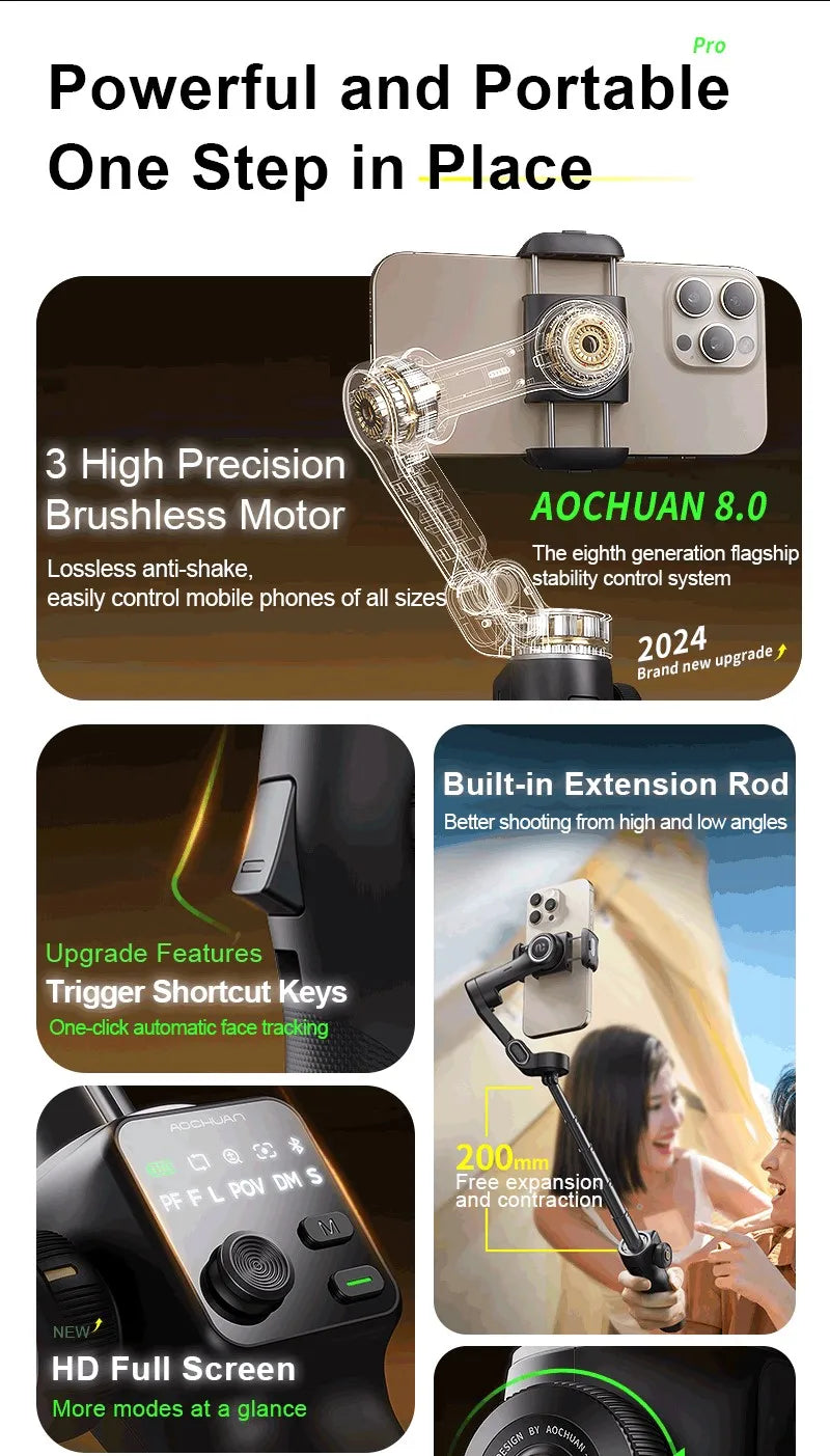 NEXVIA, AOCHUAN Handheld Gimbal Stabilizer 3-Axis Smart V8 For Phone with Extension Rod Tripod Face Tracking For iPhone Android TikTok NEXVIA