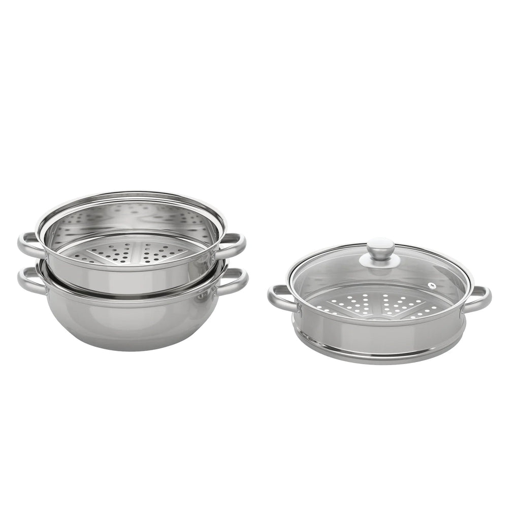 Nexvia | 3-Tier Stainless Steel Steamer Pot with Glass Lid, Induction/Gas Stove Compatible, 28cm Multi-Layer Cookware NEXVIA
