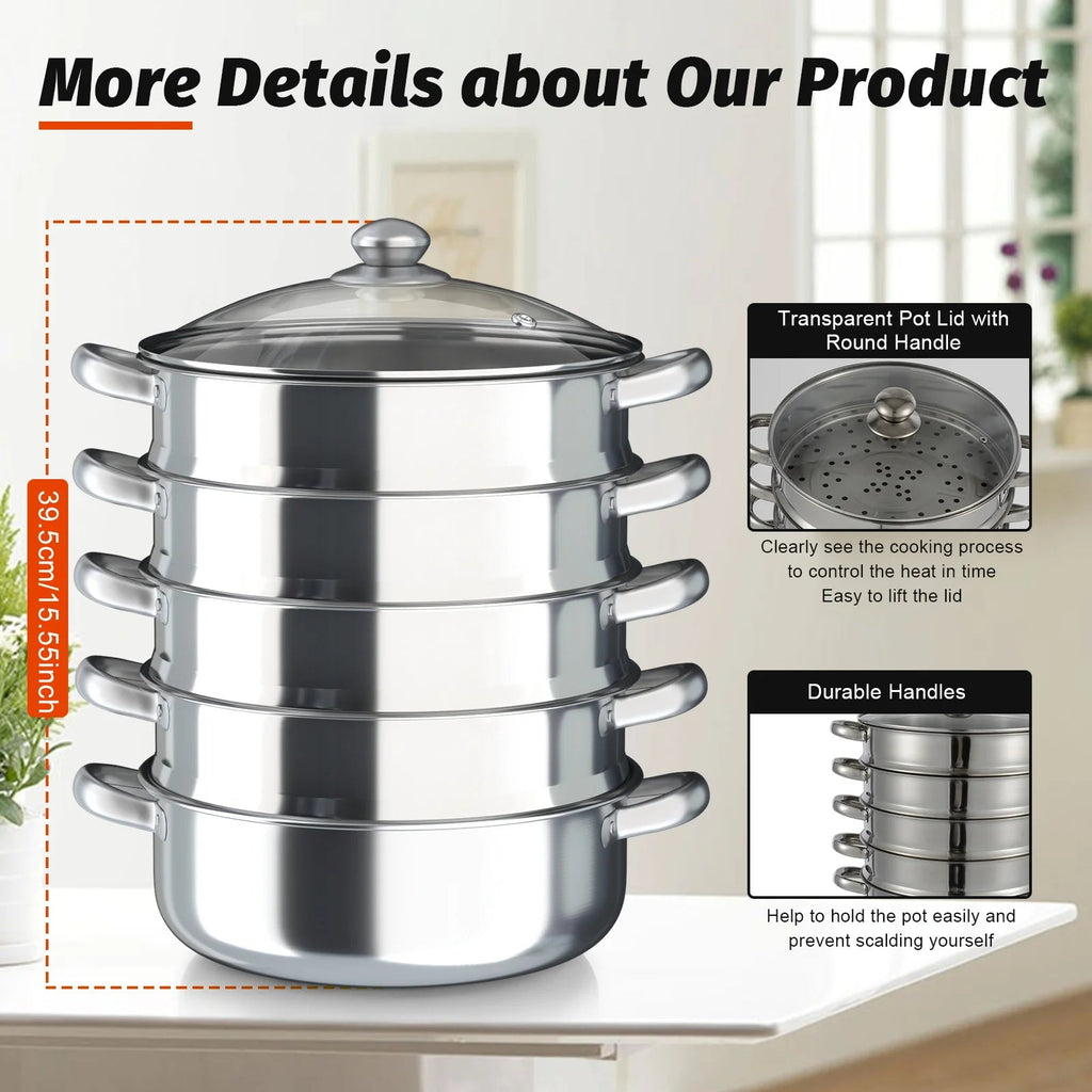 Nexvia |5 Layers 30cm Large Home With Handles Kitchen Insulated Visual Cover Stainless Steel 5 Tier Steamer Pot Food Maker Cookware NEXVIA