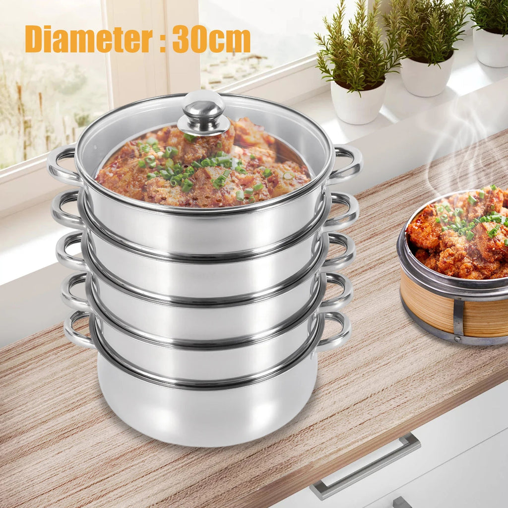 Nexvia |5 Layers 30cm Large Home With Handles Kitchen Insulated Visual Cover Stainless Steel 5 Tier Steamer Pot Food Maker Cookware NEXVIA