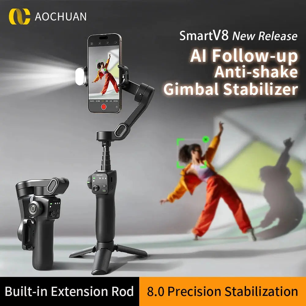 NEXVIA, AOCHUAN Handheld Gimbal Stabilizer 3-Axis Smart V8 For Phone with Extension Rod Tripod Face Tracking For iPhone Android TikTok NEXVIA