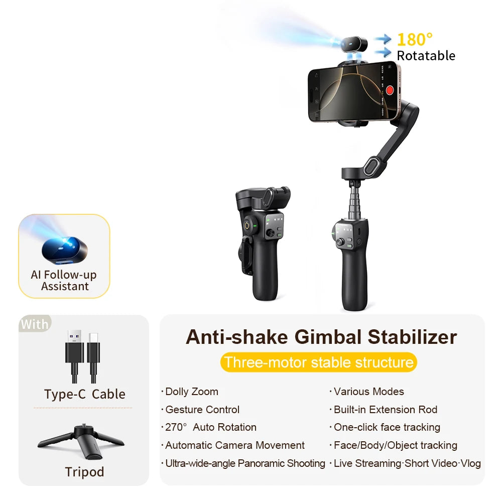 NEXVIA, AOCHUAN Handheld Gimbal Stabilizer 3-Axis Smart V8 For Phone with Extension Rod Tripod Face Tracking For iPhone Android TikTok NEXVIA