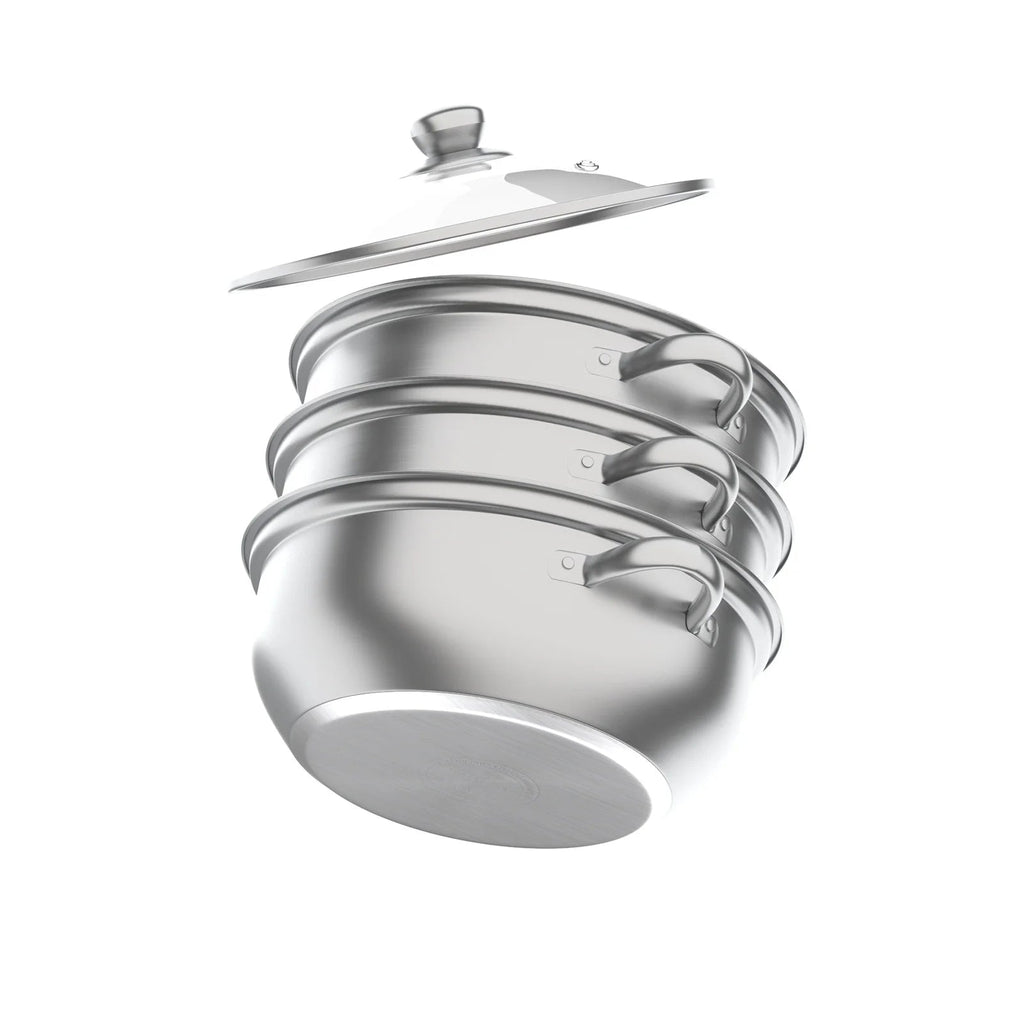 Nexvia | 3-Tier Stainless Steel Steamer Pot with Glass Lid, Induction/Gas Stove Compatible, 28cm Multi-Layer Cookware NEXVIA