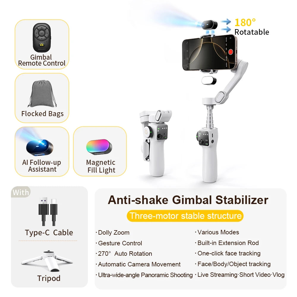 NEXVIA, AOCHUAN Handheld Gimbal Stabilizer 3-Axis Smart V8 For Phone with Extension Rod Tripod Face Tracking For iPhone Android TikTok NEXVIA