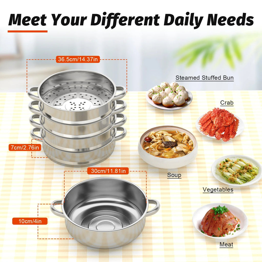 Nexvia |5 Layers 30cm Large Home With Handles Kitchen Insulated Visual Cover Stainless Steel 5 Tier Steamer Pot Food Maker Cookware NEXVIA