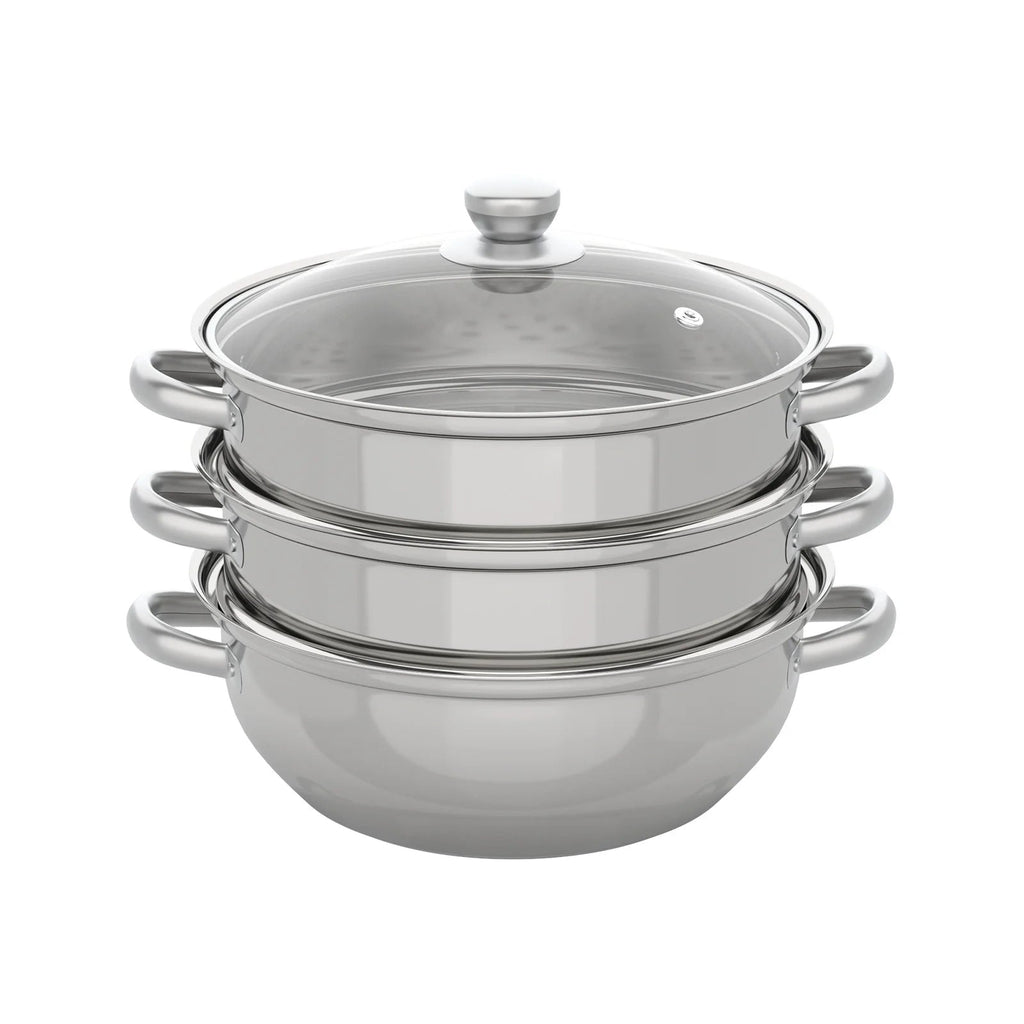 Nexvia | 3-Tier Stainless Steel Steamer Pot with Glass Lid, Induction/Gas Stove Compatible, 28cm Multi-Layer Cookware NEXVIA