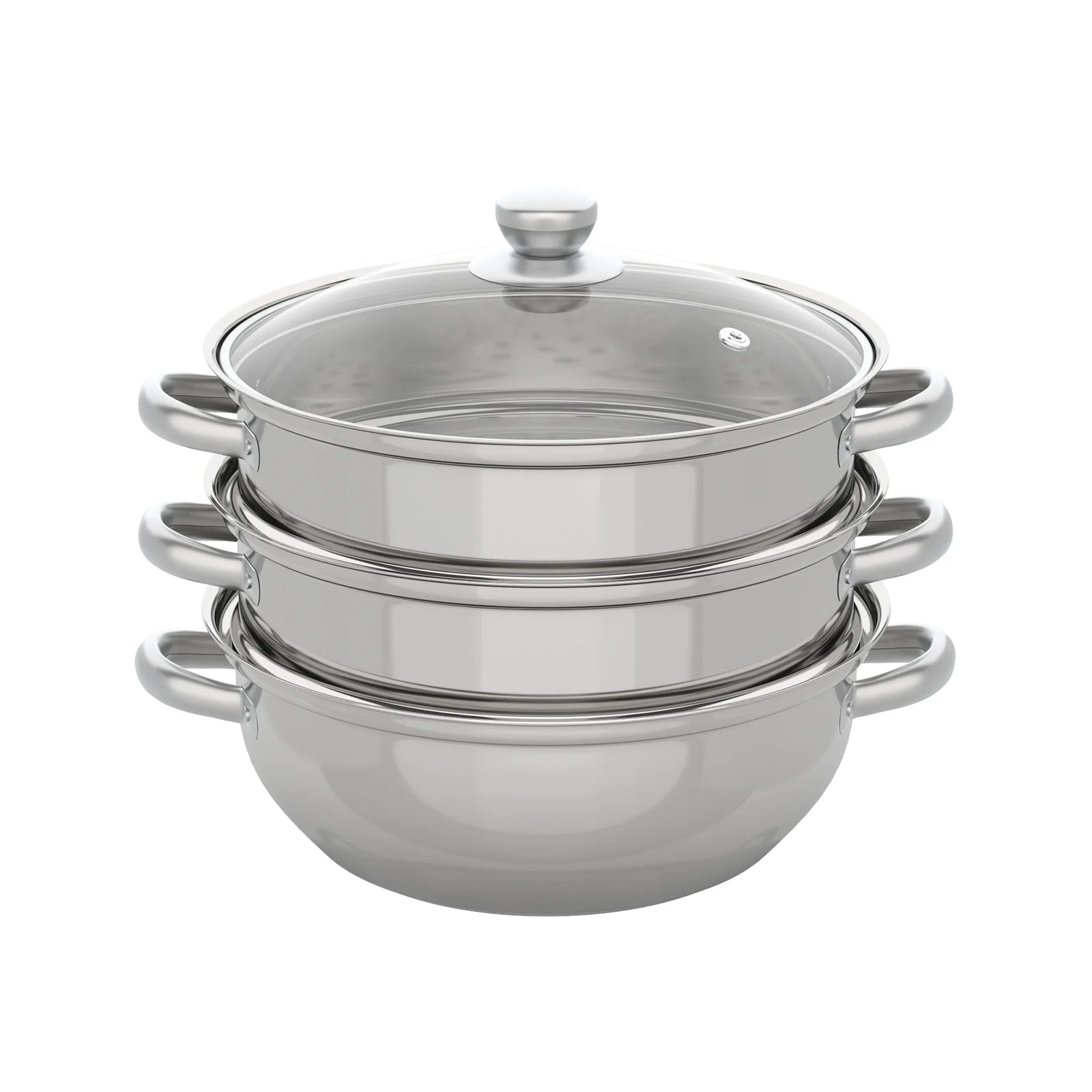 Nexvia | 3-Tier Stainless Steel Steamer Pot with Glass Lid, Induction/Gas Stove Compatible, 28cm Multi-Layer Cookware NEXVIA
