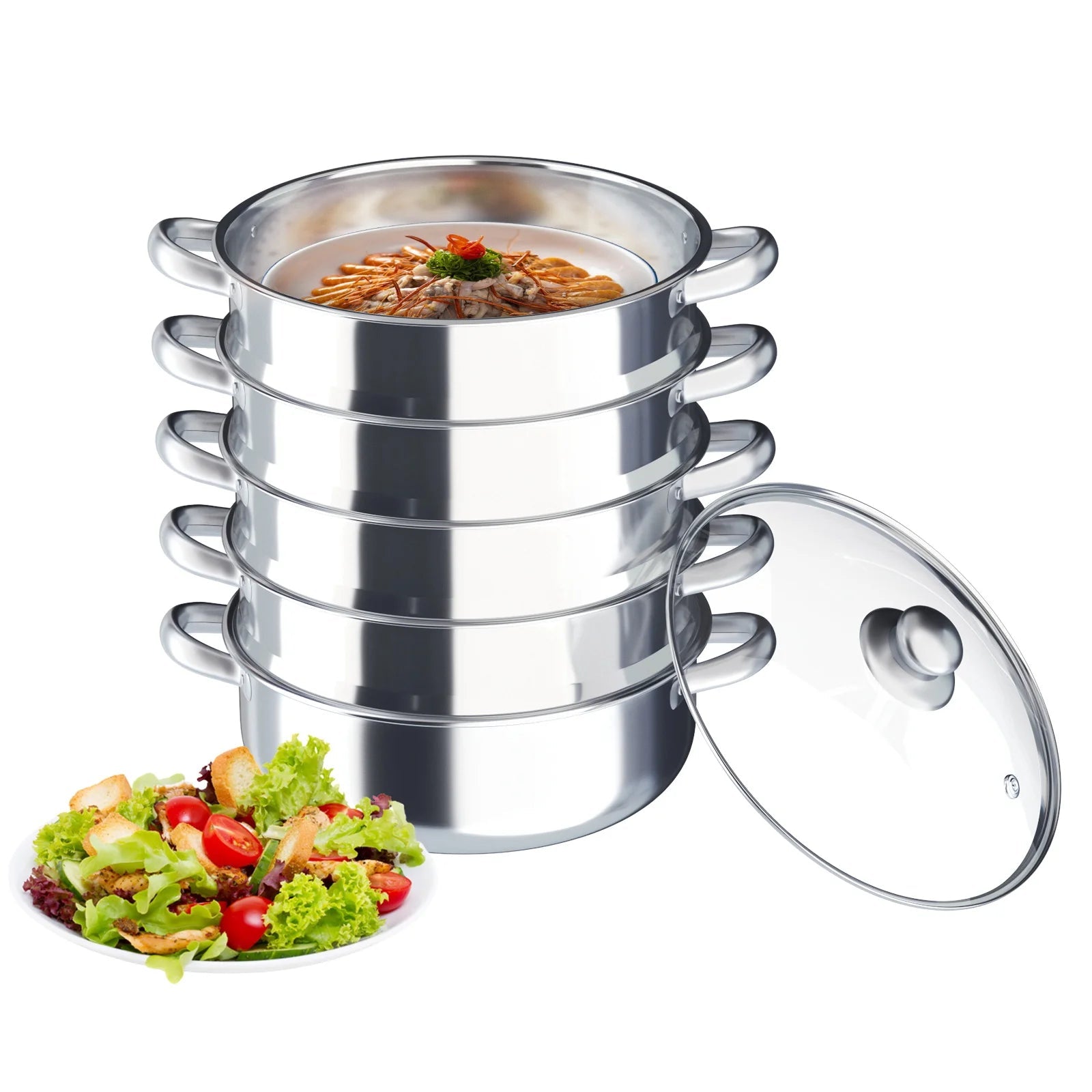 Nexvia |5 Layers 30cm Large Home With Handles Kitchen Insulated Visual Cover Stainless Steel 5 Tier Steamer Pot Food Maker Cookware NEXVIA