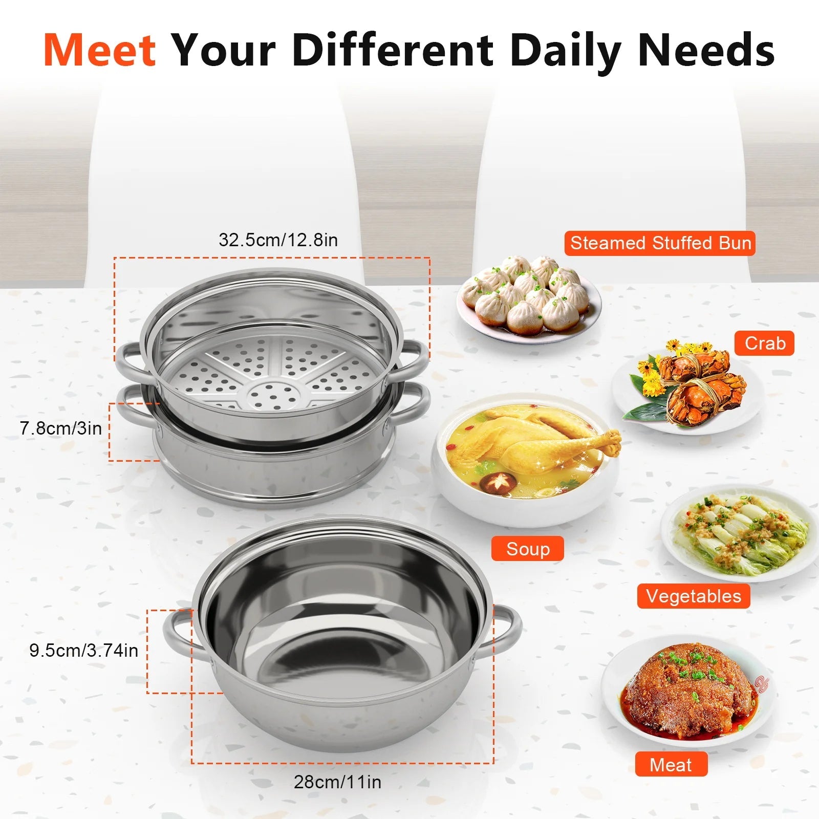 Nexvia | 3-Tier Stainless Steel Steamer Pot with Glass Lid, Induction/Gas Stove Compatible, 28cm Multi-Layer Cookware