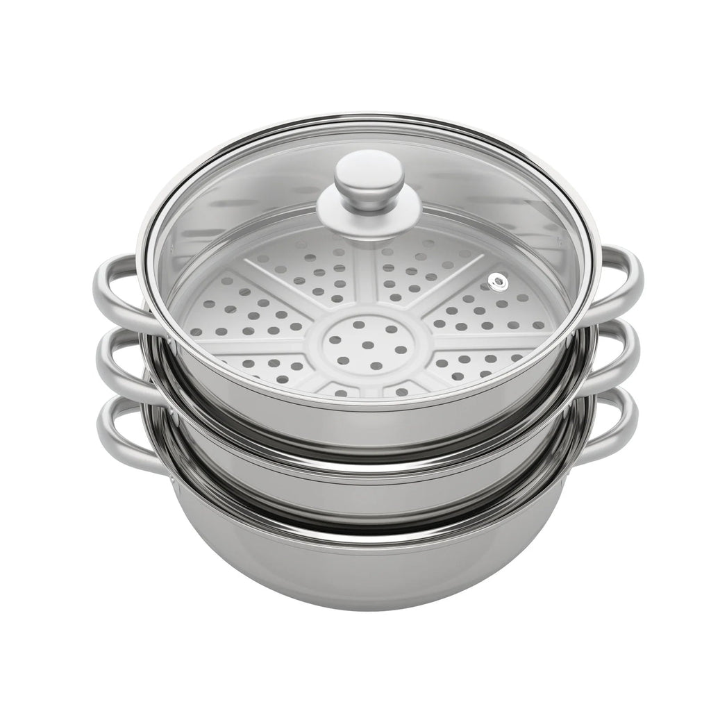 Nexvia | 3-Tier Stainless Steel Steamer Pot with Glass Lid, Induction/Gas Stove Compatible, 28cm Multi-Layer Cookware NEXVIA