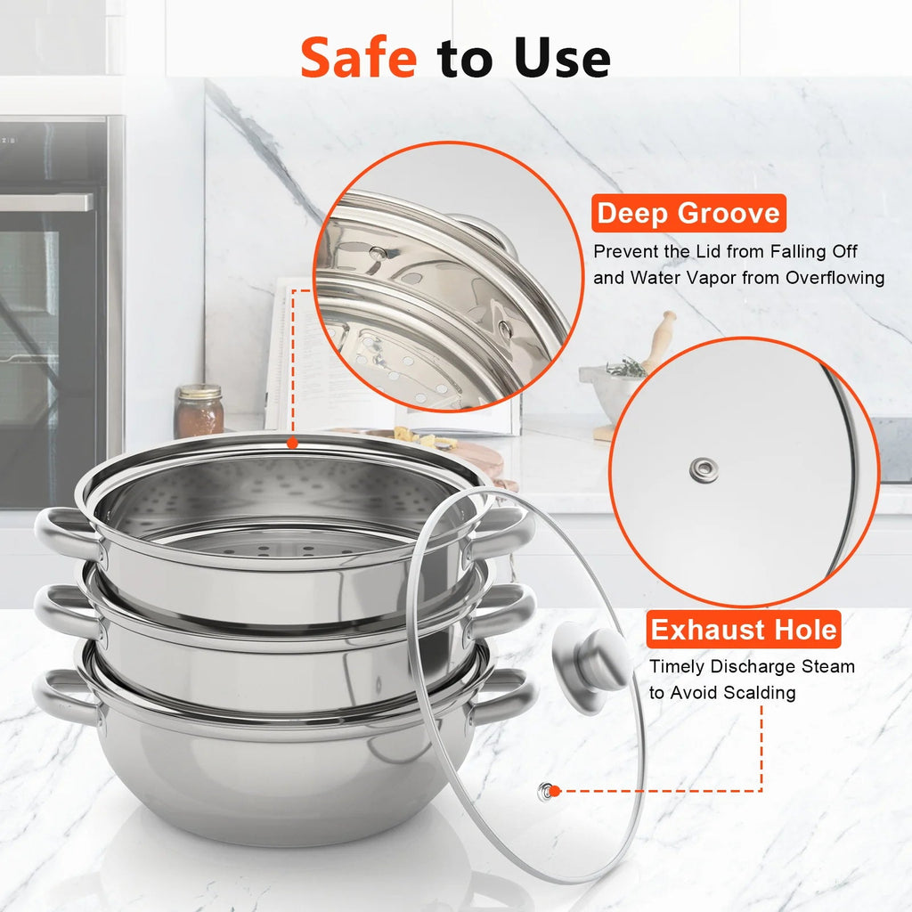 Nexvia | 3-Tier Stainless Steel Steamer Pot with Glass Lid, Induction/Gas Stove Compatible, 28cm Multi-Layer Cookware NEXVIA
