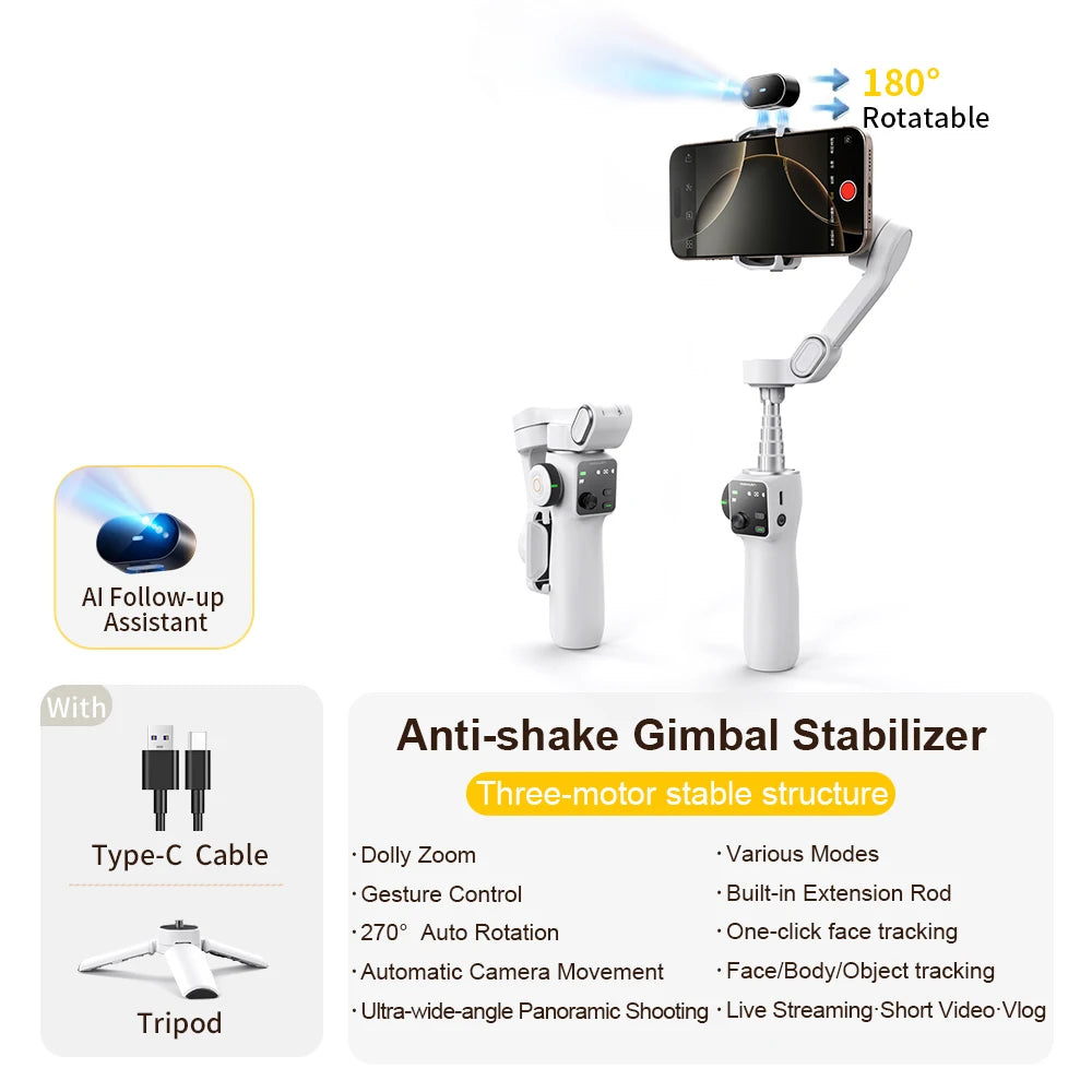NEXVIA, AOCHUAN Handheld Gimbal Stabilizer 3-Axis Smart V8 For Phone with Extension Rod Tripod Face Tracking For iPhone Android TikTok NEXVIA