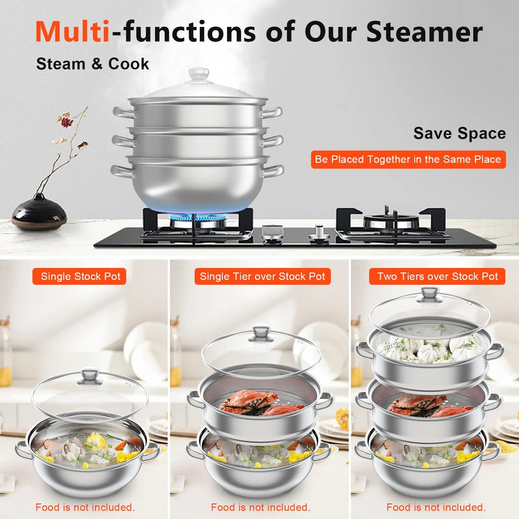 Nexvia | 3-Tier Stainless Steel Steamer Pot with Glass Lid, Induction/Gas Stove Compatible, 28cm Multi-Layer Cookware NEXVIA