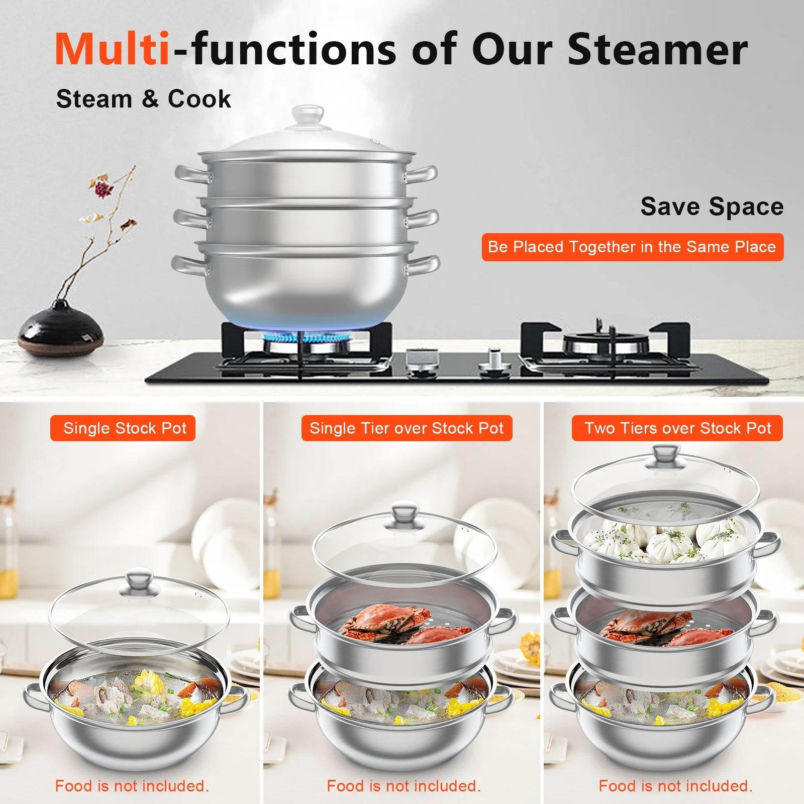 Nexvia | 3-Tier Stainless Steel Steamer Pot with Glass Lid, Induction/Gas Stove Compatible, 28cm Multi-Layer Cookware