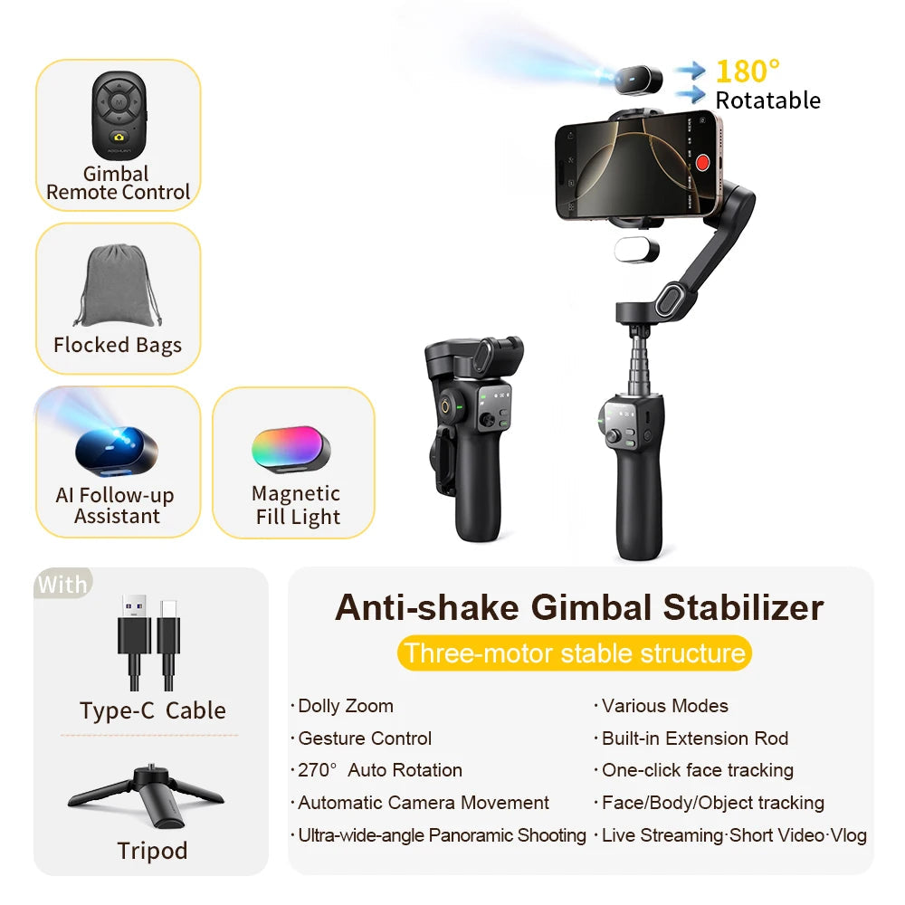 NEXVIA, AOCHUAN Handheld Gimbal Stabilizer 3-Axis Smart V8 For Phone with Extension Rod Tripod Face Tracking For iPhone Android TikTok NEXVIA
