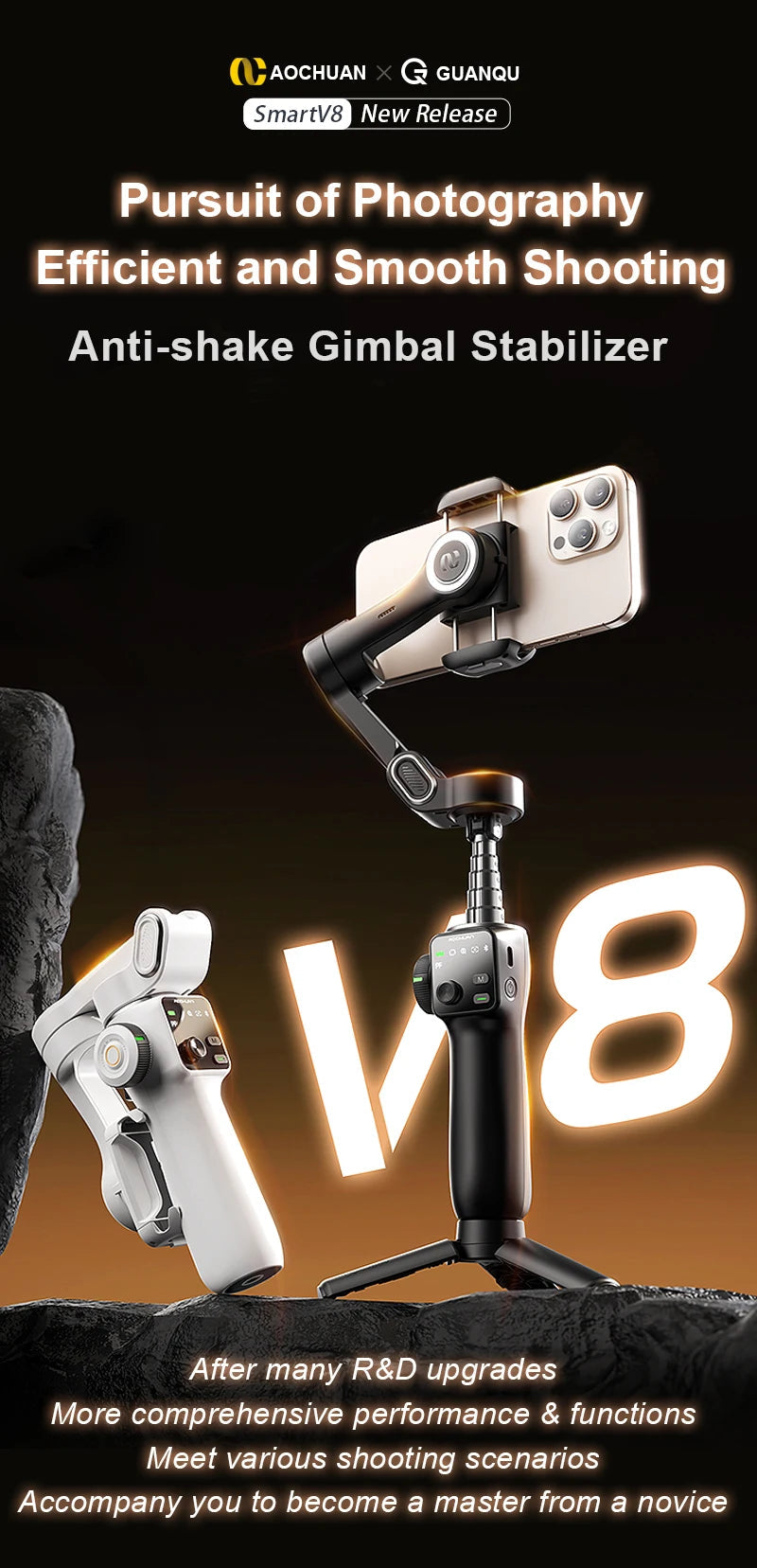 NEXVIA, AOCHUAN Handheld Gimbal Stabilizer 3-Axis Smart V8 For Phone with Extension Rod Tripod Face Tracking For iPhone Android TikTok NEXVIA