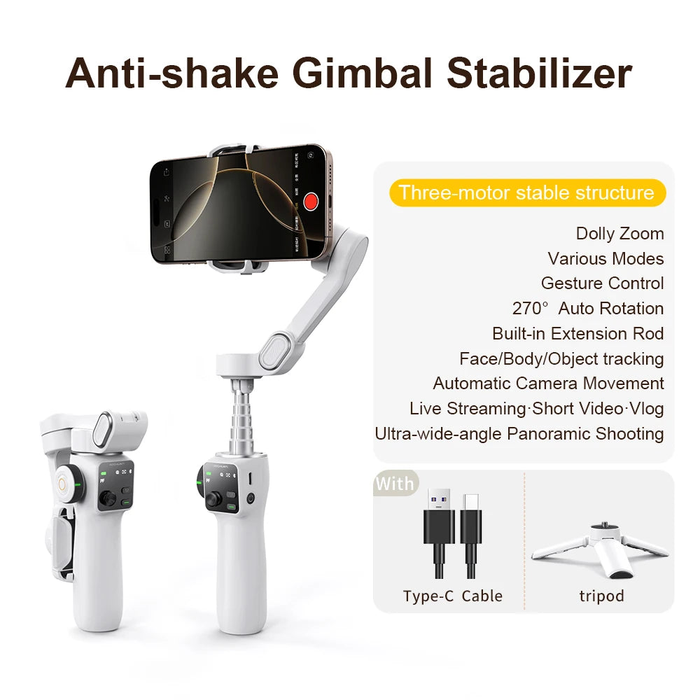 NEXVIA, AOCHUAN Handheld Gimbal Stabilizer 3-Axis Smart V8 For Phone with Extension Rod Tripod Face Tracking For iPhone Android TikTok NEXVIA