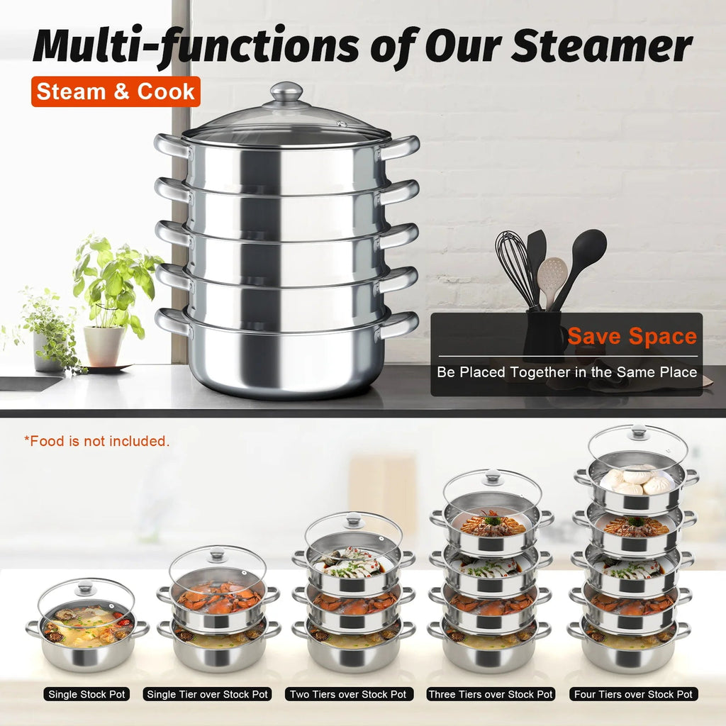 Nexvia |5 Layers 30cm Large Home With Handles Kitchen Insulated Visual Cover Stainless Steel 5 Tier Steamer Pot Food Maker Cookware NEXVIA
