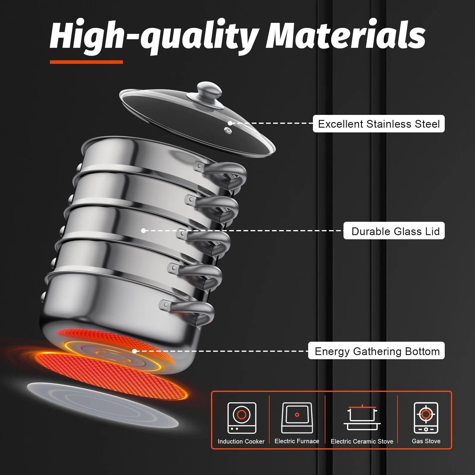 Nexvia |5 Layers 30cm Large Home With Handles Kitchen Insulated Visual Cover Stainless Steel 5 Tier Steamer Pot Food Maker Cookware