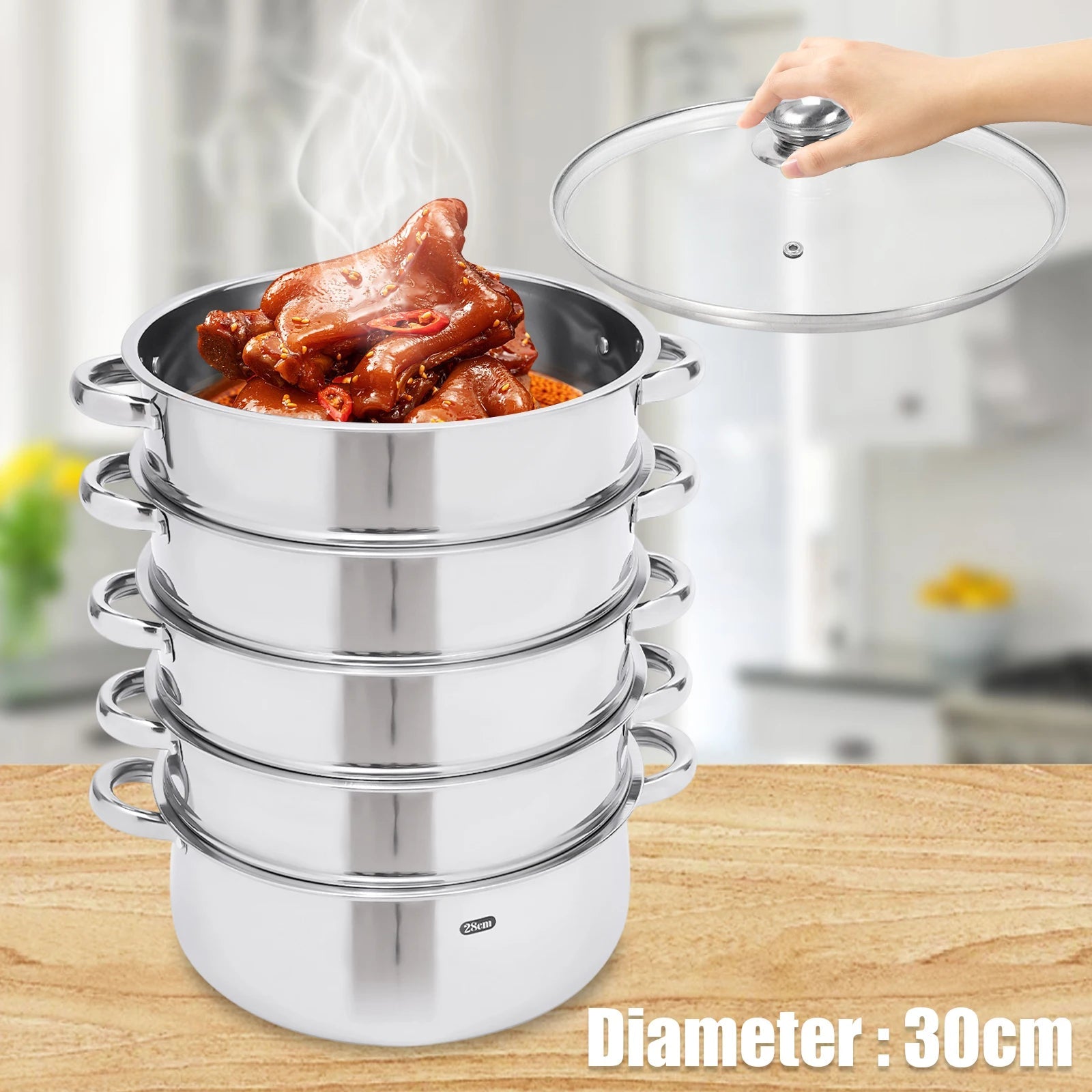 Nexvia |5 Layers 30cm Large Home With Handles Kitchen Insulated Visual Cover Stainless Steel 5 Tier Steamer Pot Food Maker Cookware NEXVIA