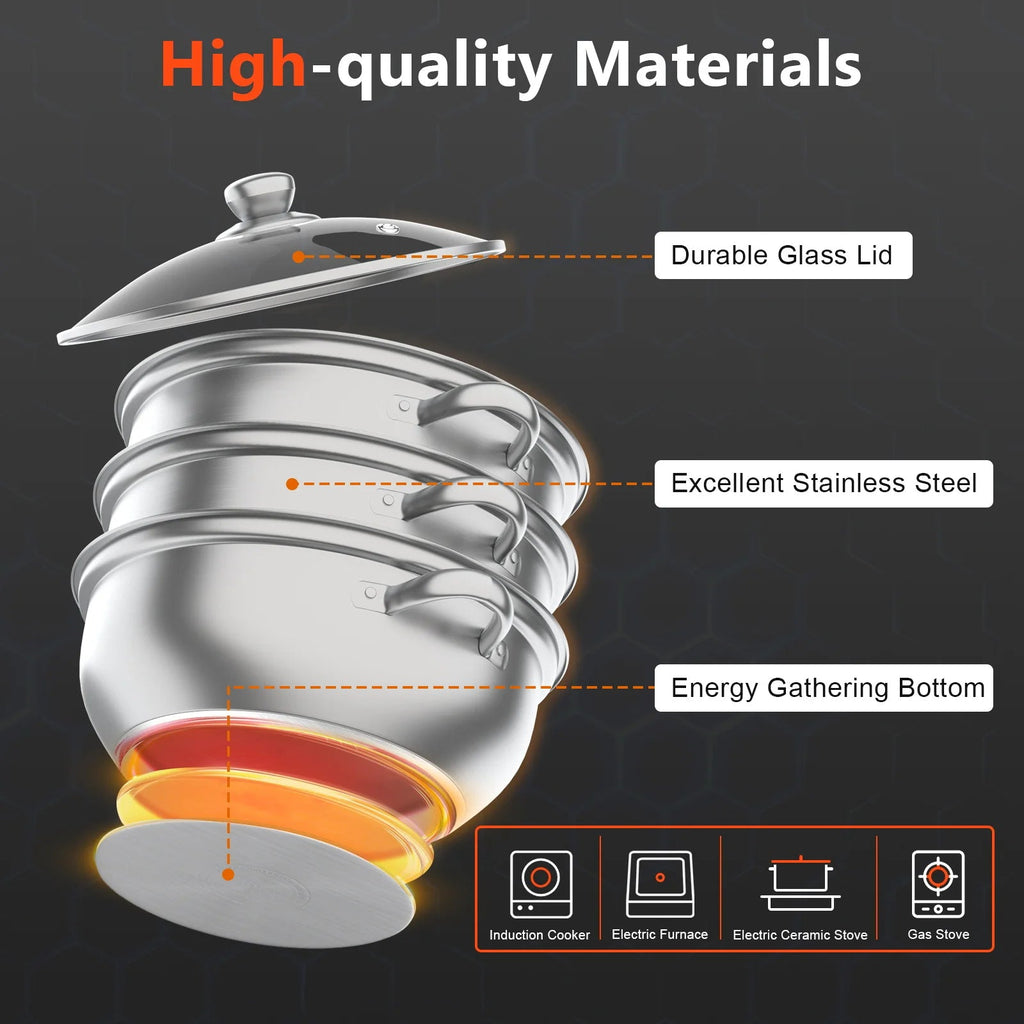 Nexvia | 3-Tier Stainless Steel Steamer Pot with Glass Lid, Induction/Gas Stove Compatible, 28cm Multi-Layer Cookware NEXVIA
