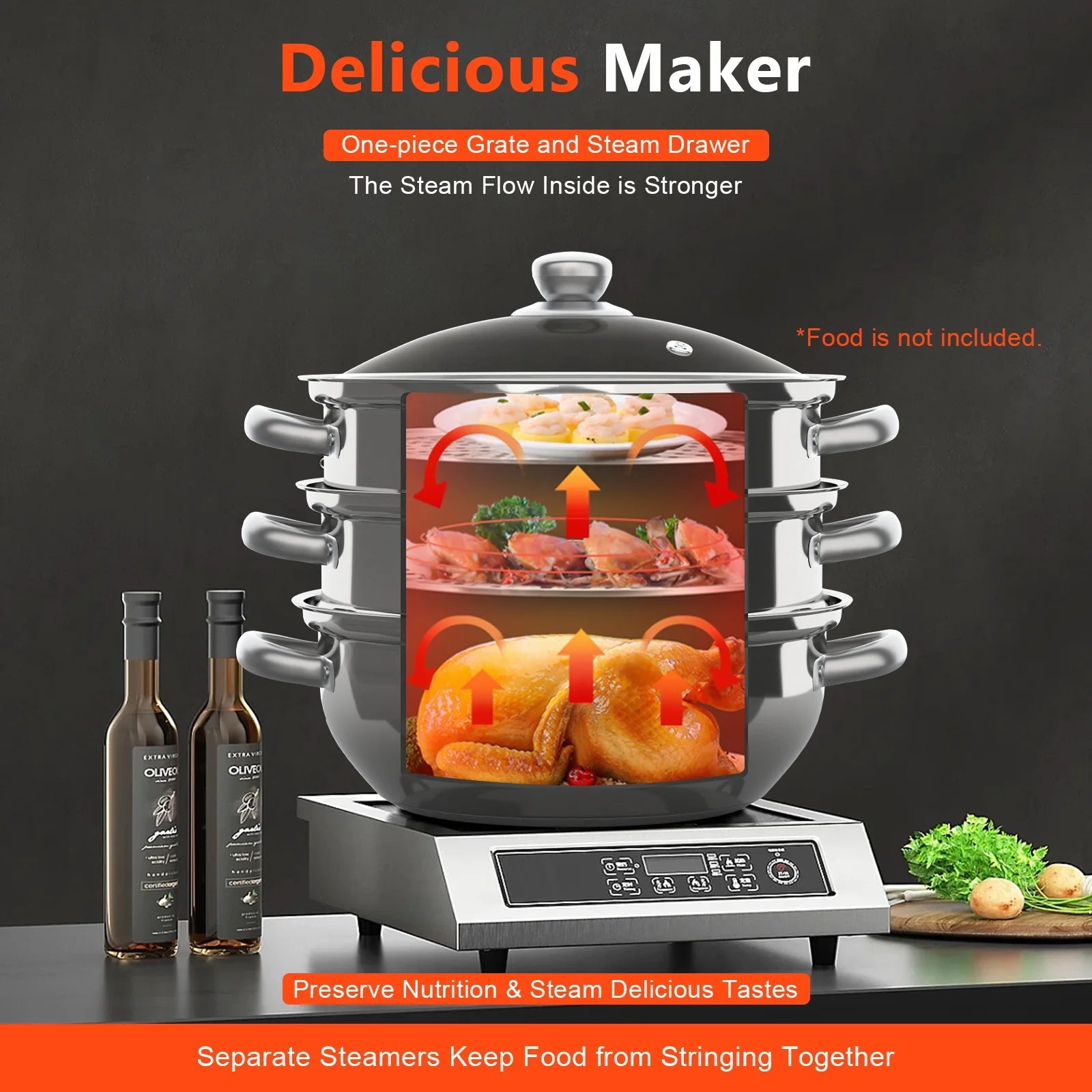Nexvia | 3-Tier Stainless Steel Steamer Pot with Glass Lid, Induction/Gas Stove Compatible, 28cm Multi-Layer Cookware