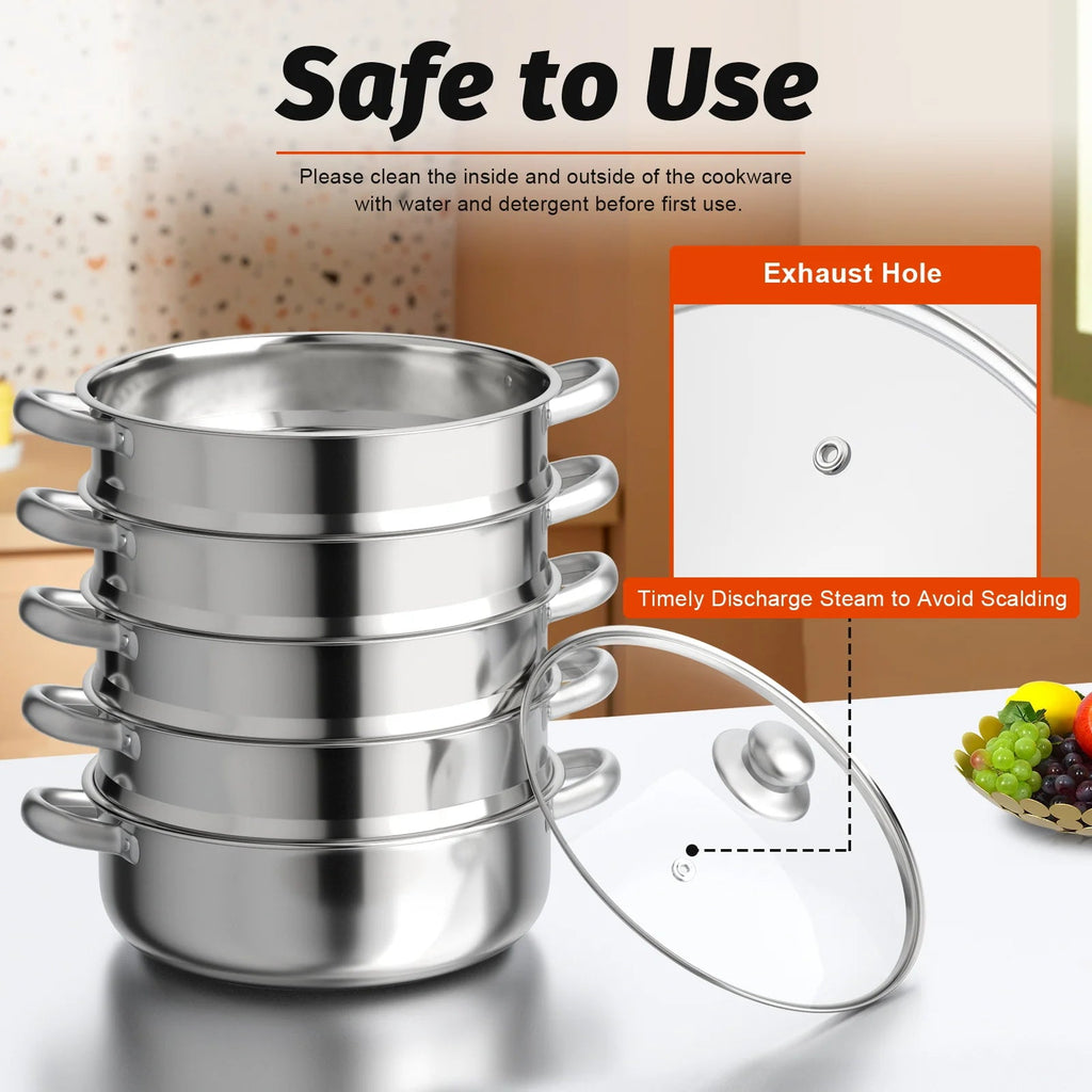 Nexvia |5 Layers 30cm Large Home With Handles Kitchen Insulated Visual Cover Stainless Steel 5 Tier Steamer Pot Food Maker Cookware NEXVIA