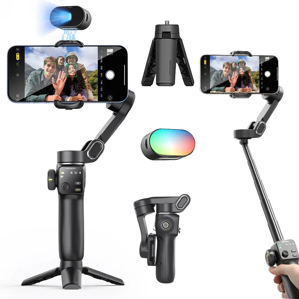 NEXVIA, AOCHUAN Handheld Gimbal Stabilizer 3-Axis Smart V8 For Phone with Extension Rod Tripod Face Tracking For iPhone Android TikTok NEXVIA