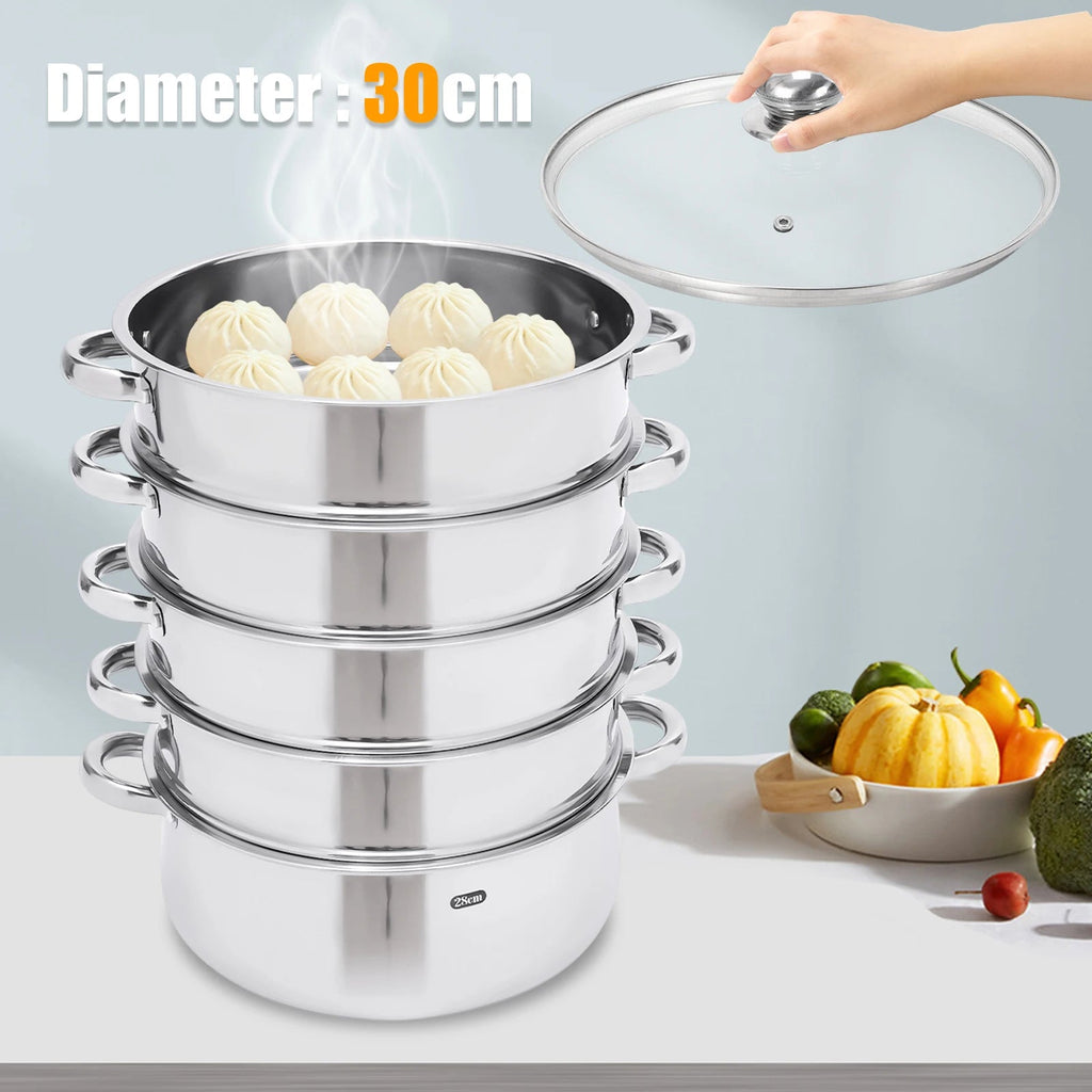 Nexvia |5 Layers 30cm Large Home With Handles Kitchen Insulated Visual Cover Stainless Steel 5 Tier Steamer Pot Food Maker Cookware NEXVIA