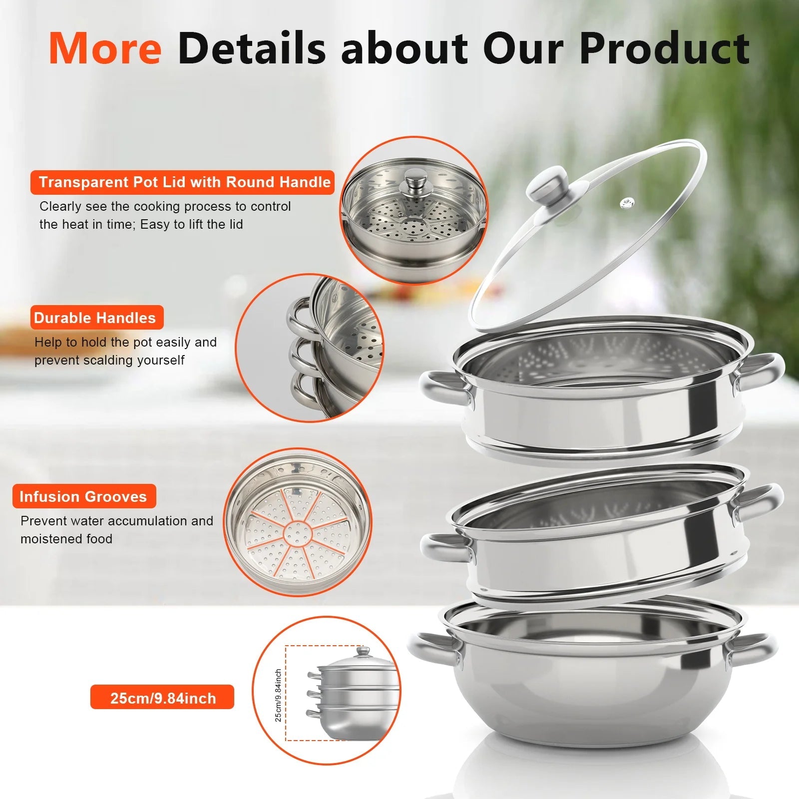 Nexvia | 3-Tier Stainless Steel Steamer Pot with Glass Lid, Induction/Gas Stove Compatible, 28cm Multi-Layer Cookware
