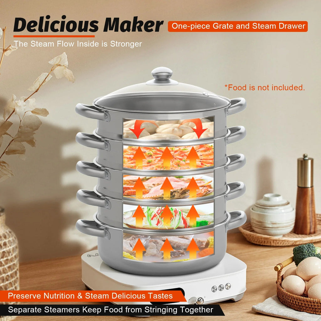 Nexvia |5 Layers 30cm Large Home With Handles Kitchen Insulated Visual Cover Stainless Steel 5 Tier Steamer Pot Food Maker Cookware NEXVIA