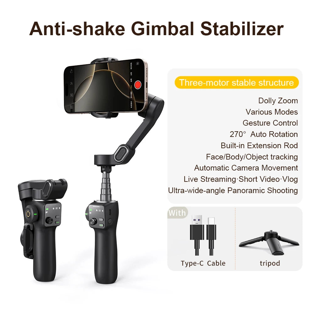 NEXVIA, AOCHUAN Handheld Gimbal Stabilizer 3-Axis Smart V8 For Phone with Extension Rod Tripod Face Tracking For iPhone Android TikTok NEXVIA