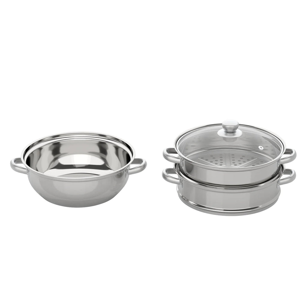 Nexvia | 3-Tier Stainless Steel Steamer Pot with Glass Lid, Induction/Gas Stove Compatible, 28cm Multi-Layer Cookware NEXVIA